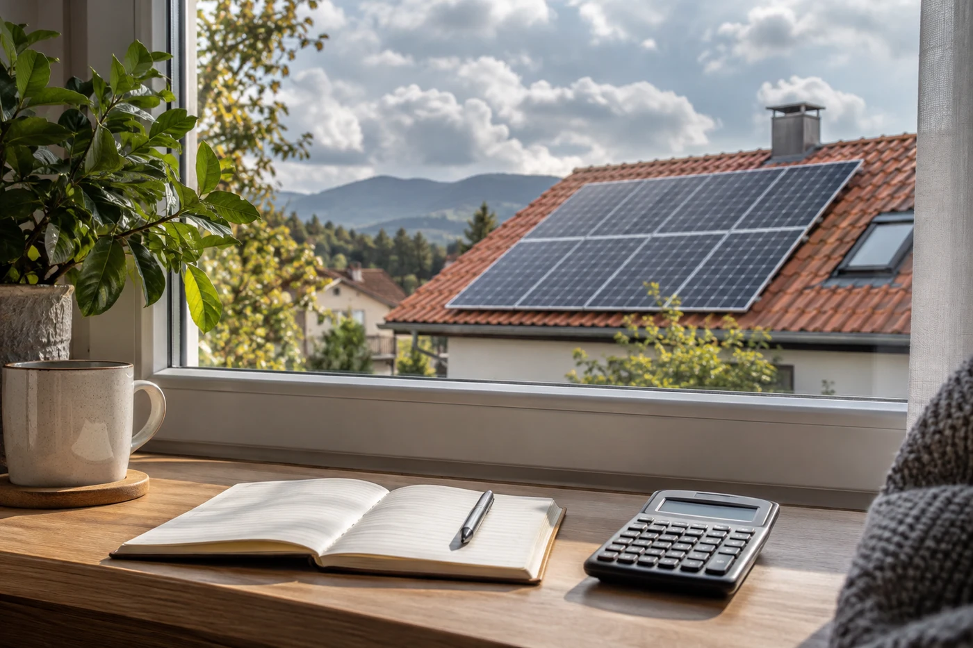 Rechenunterlagen am Fenster mit Blick auf ein Solardach bei bewölktem Himmel.