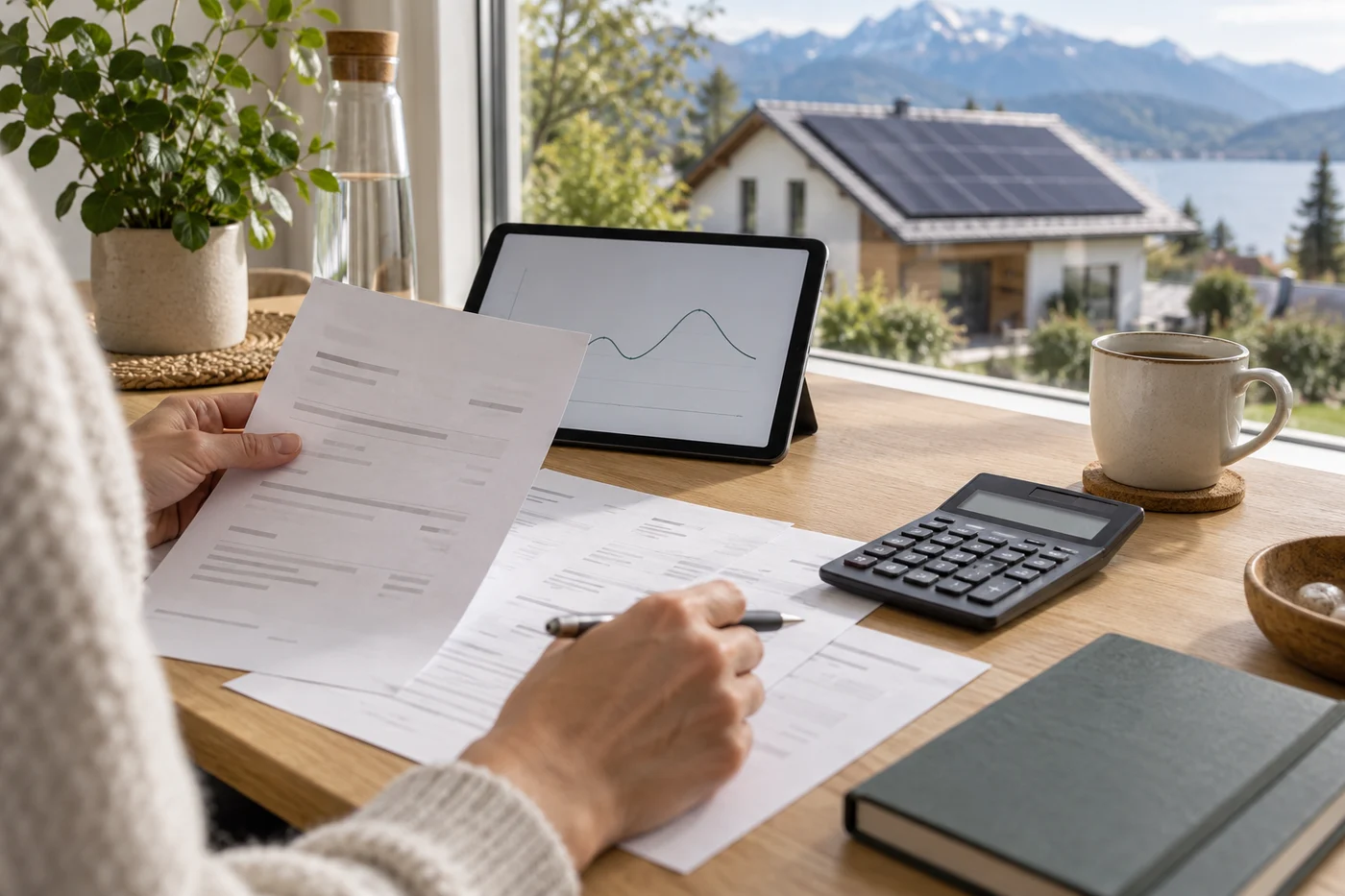 Unbeschriftete Stromrechnung und Tablet auf einem Holztisch mit einem Haus mit Solarmodulen im Hintergrund