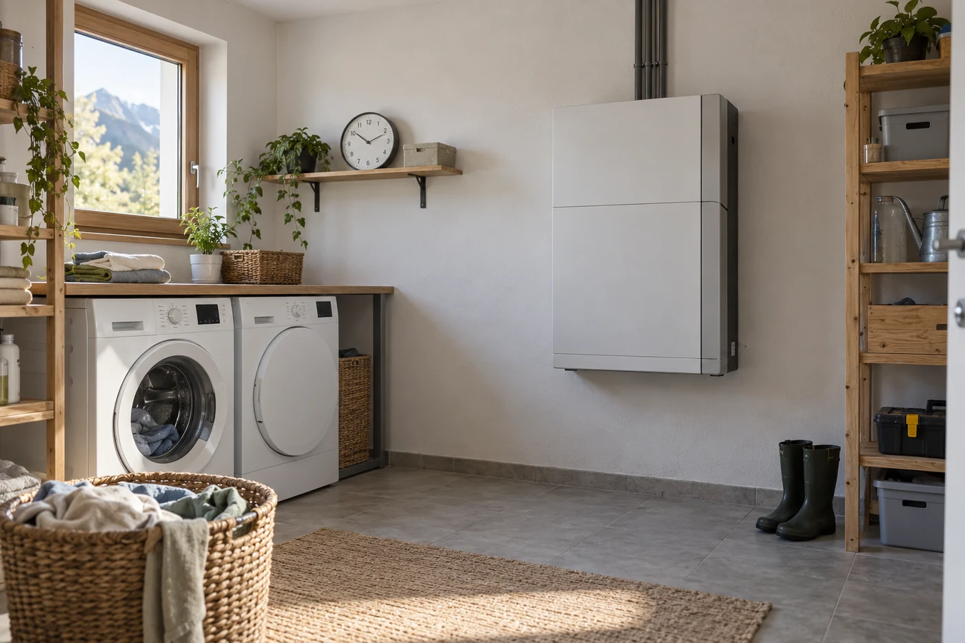 Waschmaschine und Batteriespeicher im Hauswirtschaftsraum