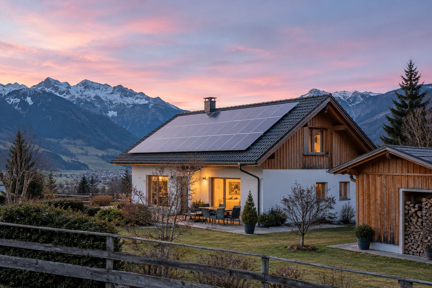 Photovoltaikhaus in einem alpinen Tal am frühen Morgen