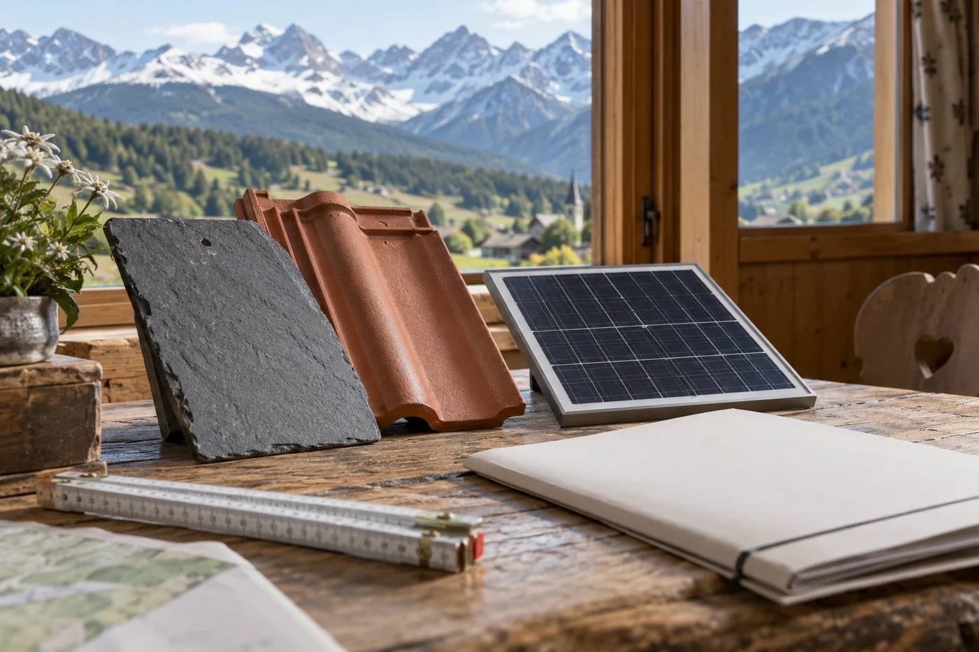 Dachziegel und Solarmodulmuster auf einem Beratungstisch