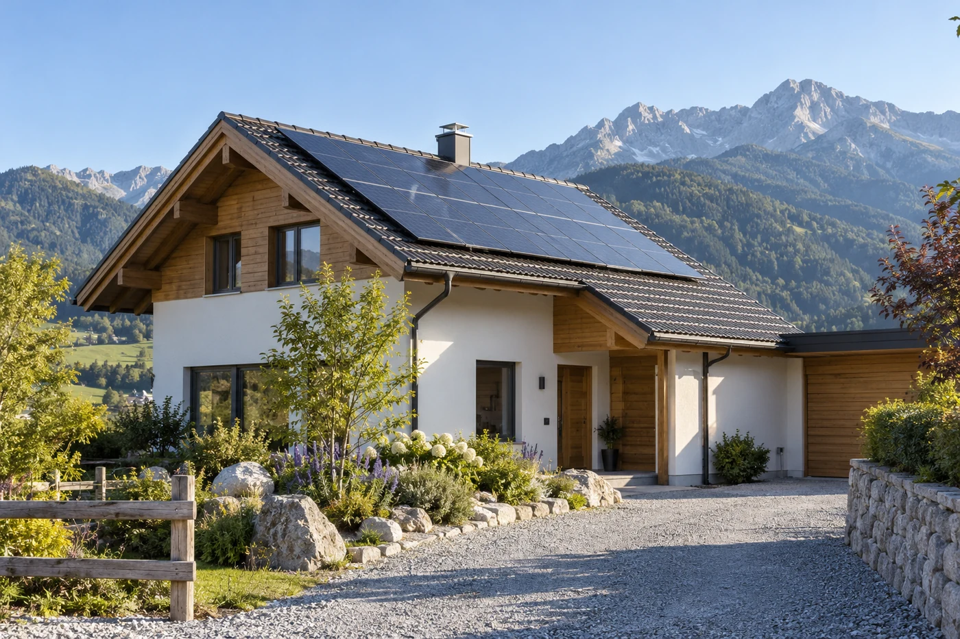 Wohnhaus mit Solarmodulen am Dach neben einer Zufahrt in einer Berglandschaft