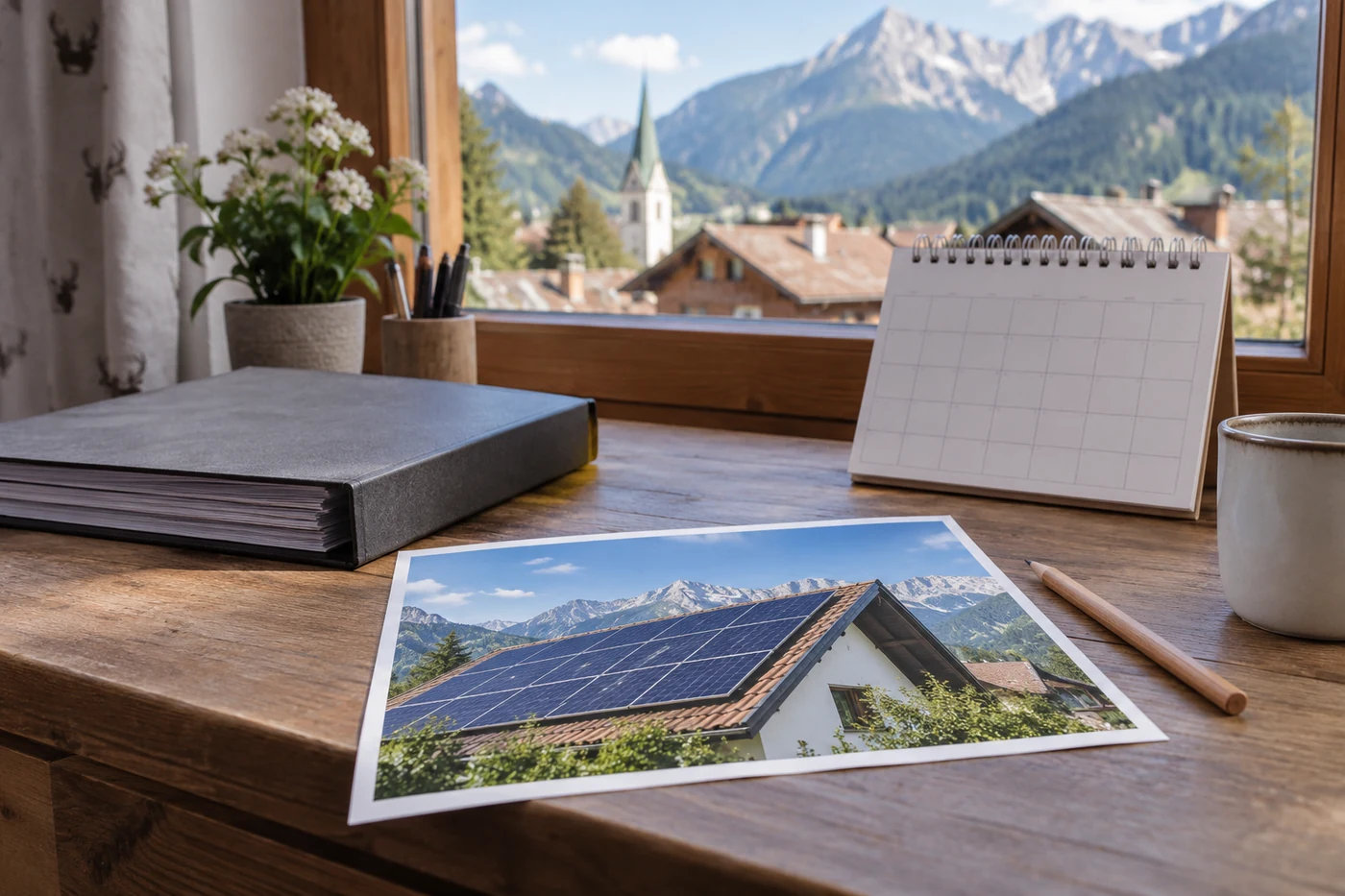 Kalender und PV-Projektmappe vor einem Tiroler Dorfpanorama