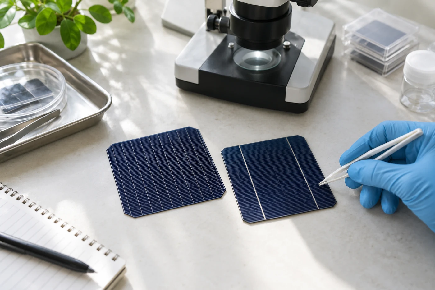 Solarzellenmuster und Mikroskop auf einem Prüftisch