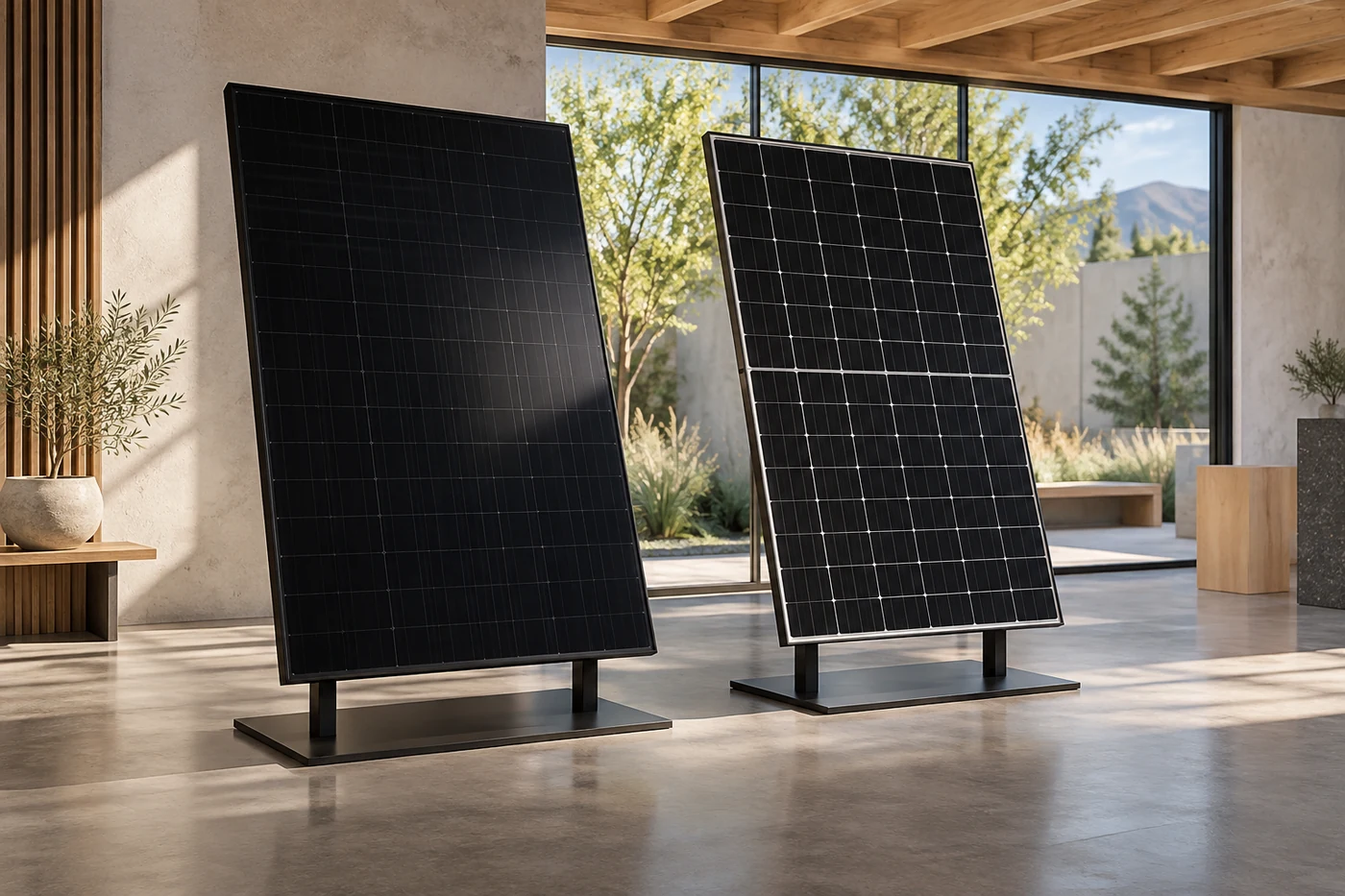 Zwei schwarze Solarmodule auf stabilen Ausstellungsständern