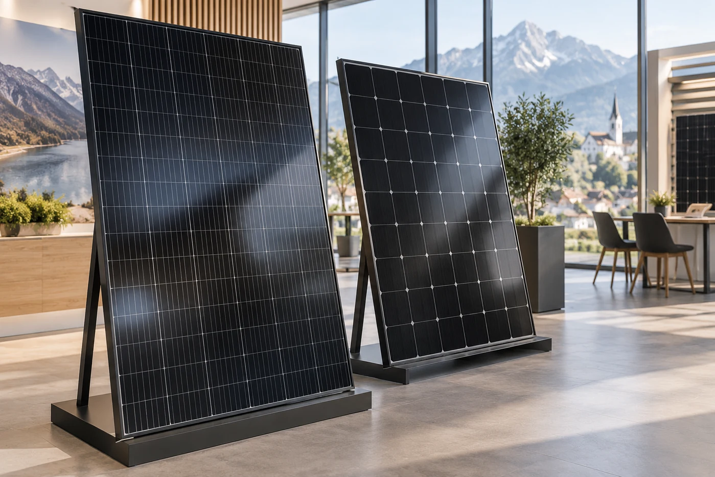 Zwei unterschiedliche schwarze Solarmodule in einem hellen Ausstellungsraum
