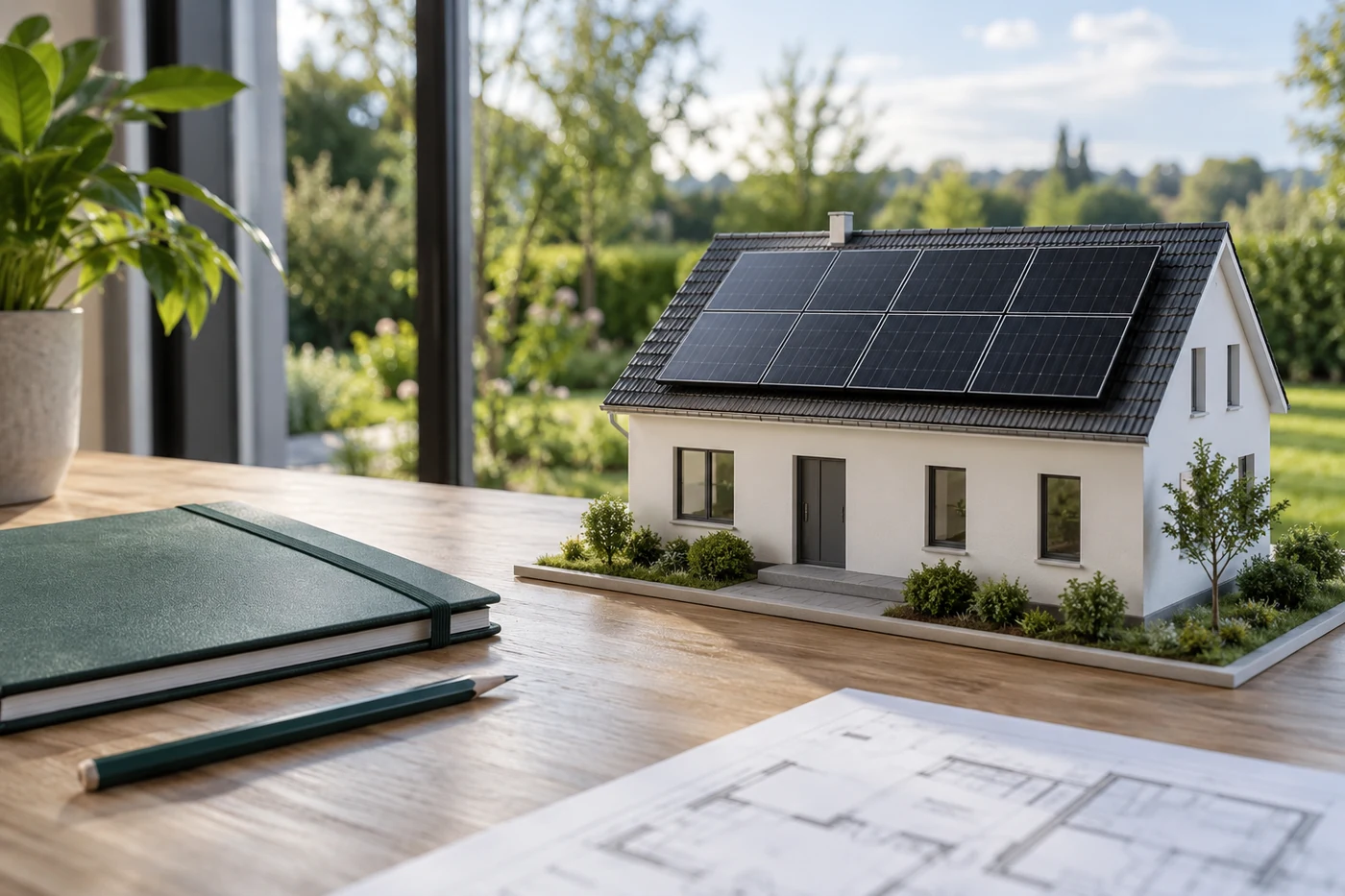 Hausmodell mit Solarmodulen auf einem Holztisch vor einem Gartenfenster