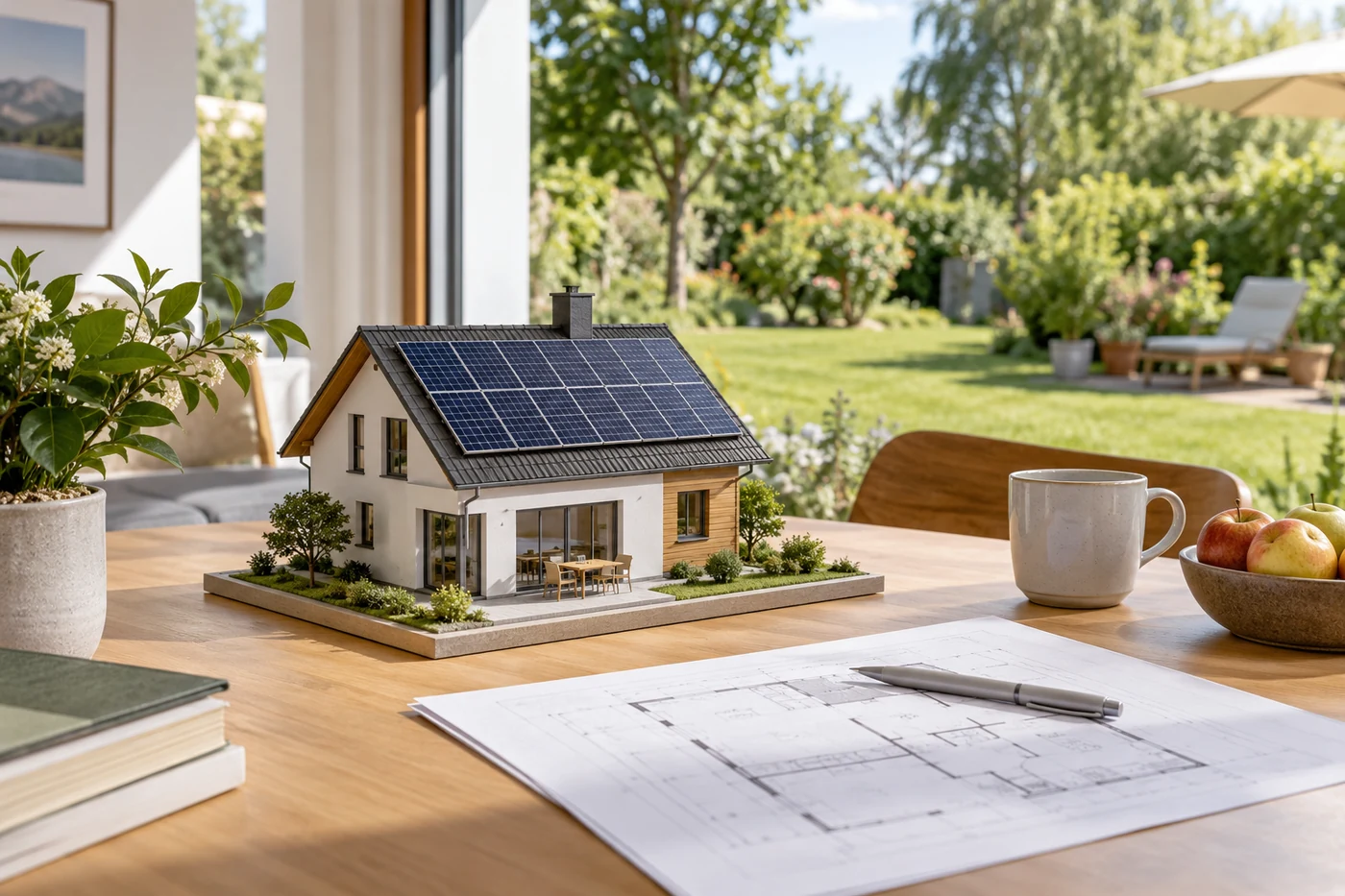 Hausmodell mit Solardach vor einem Gartenfenster
