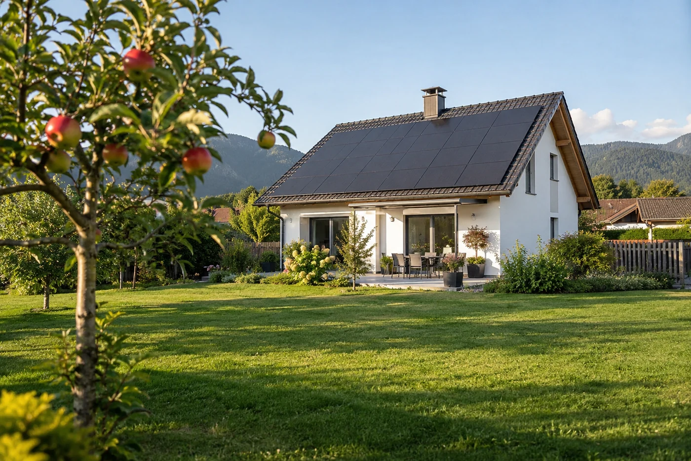 Haus mit Solarmodulen hinter einem Garten mit Obstbaum