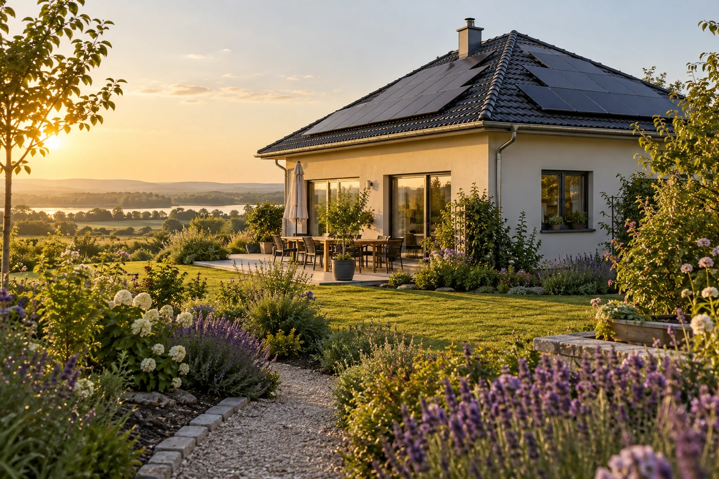 Haus mit Photovoltaik und blühendem Garten