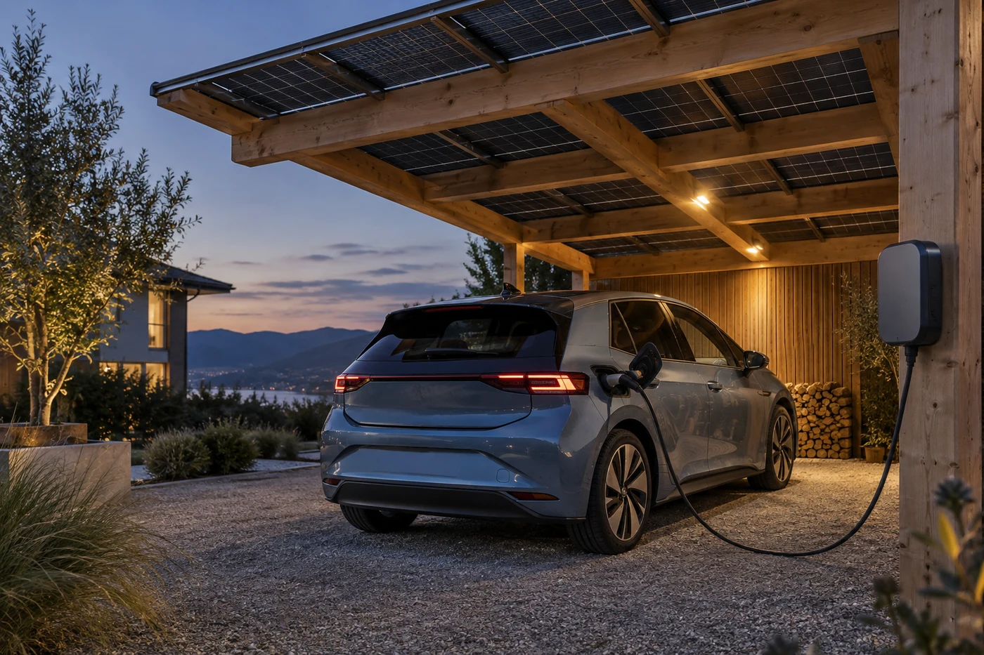 Elektroauto an einer Wallbox unter einem Carport mit Solarmodulen.