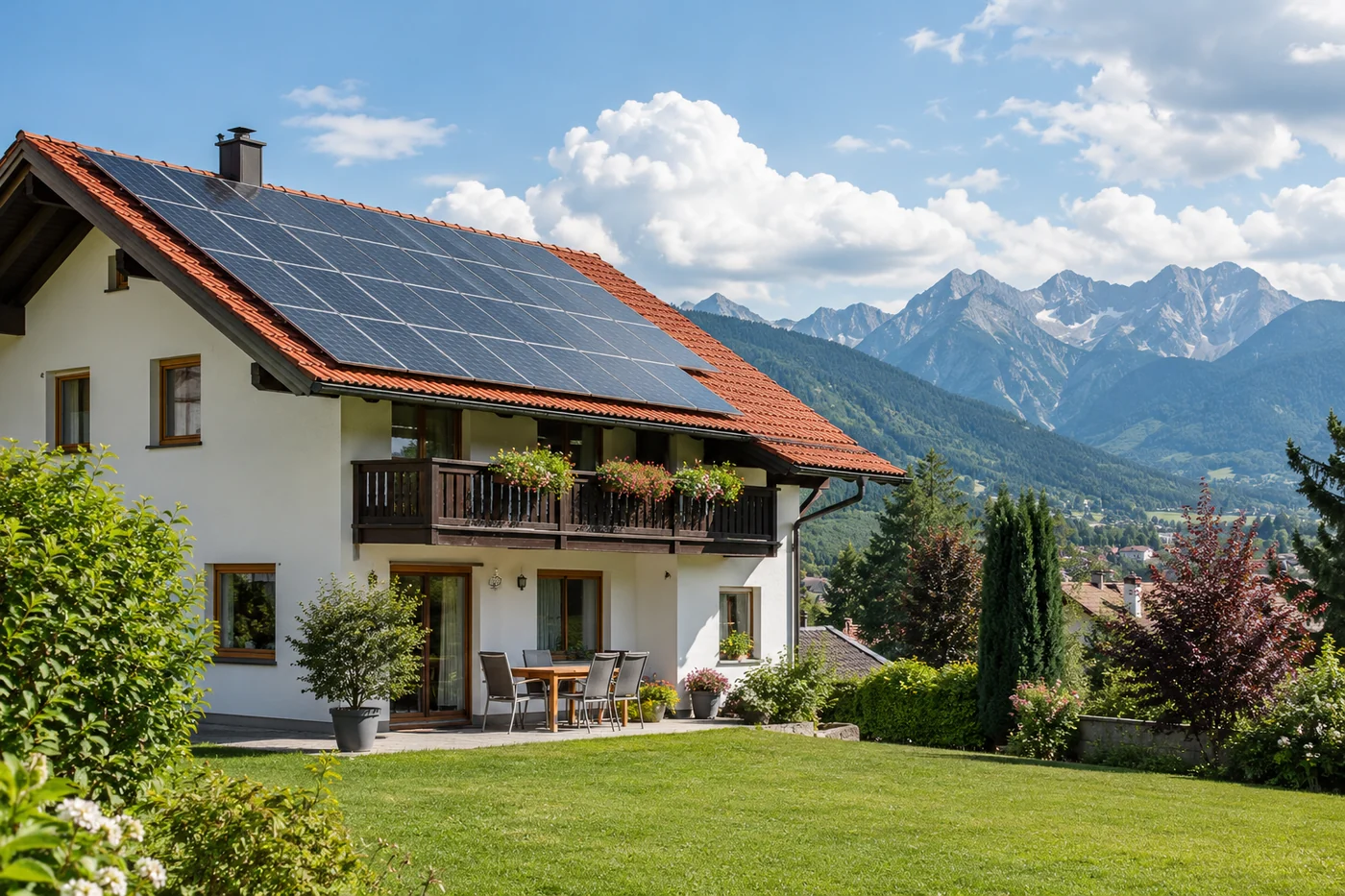 Wohnhaus mit Solardach und Bergkulisse