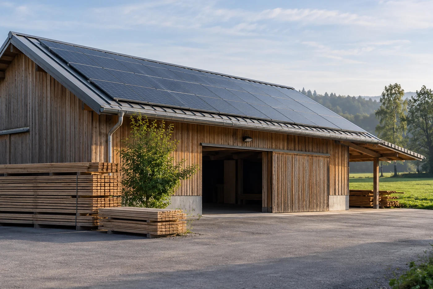 Solarmodule auf dem Dach einer kleinen Werkstatt