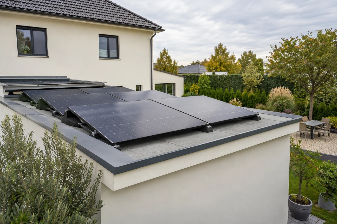 Solarmodule auf einem niedrigen Flachdach neben einem Wohnhaus