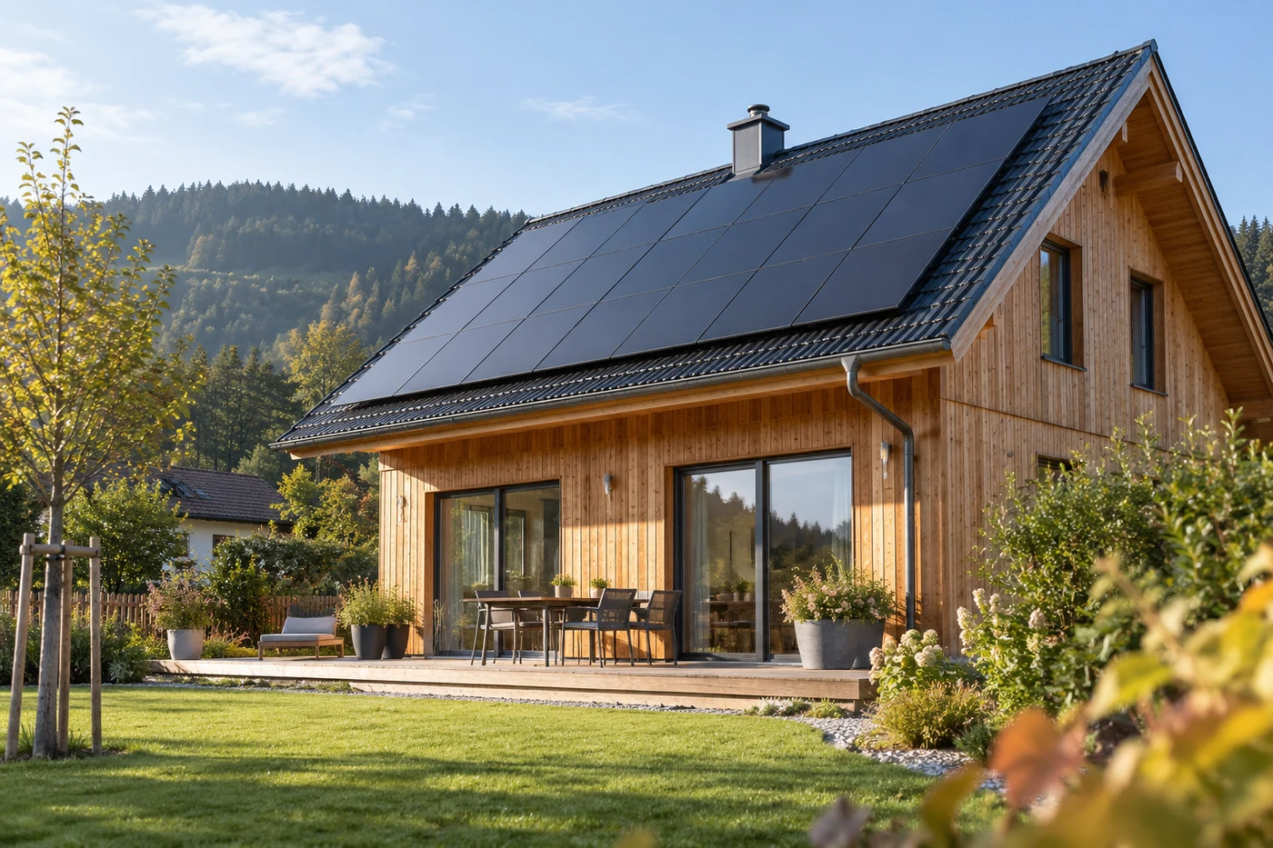 Solarmodule auf einem Holzhaus vor bewaldeten Hängen