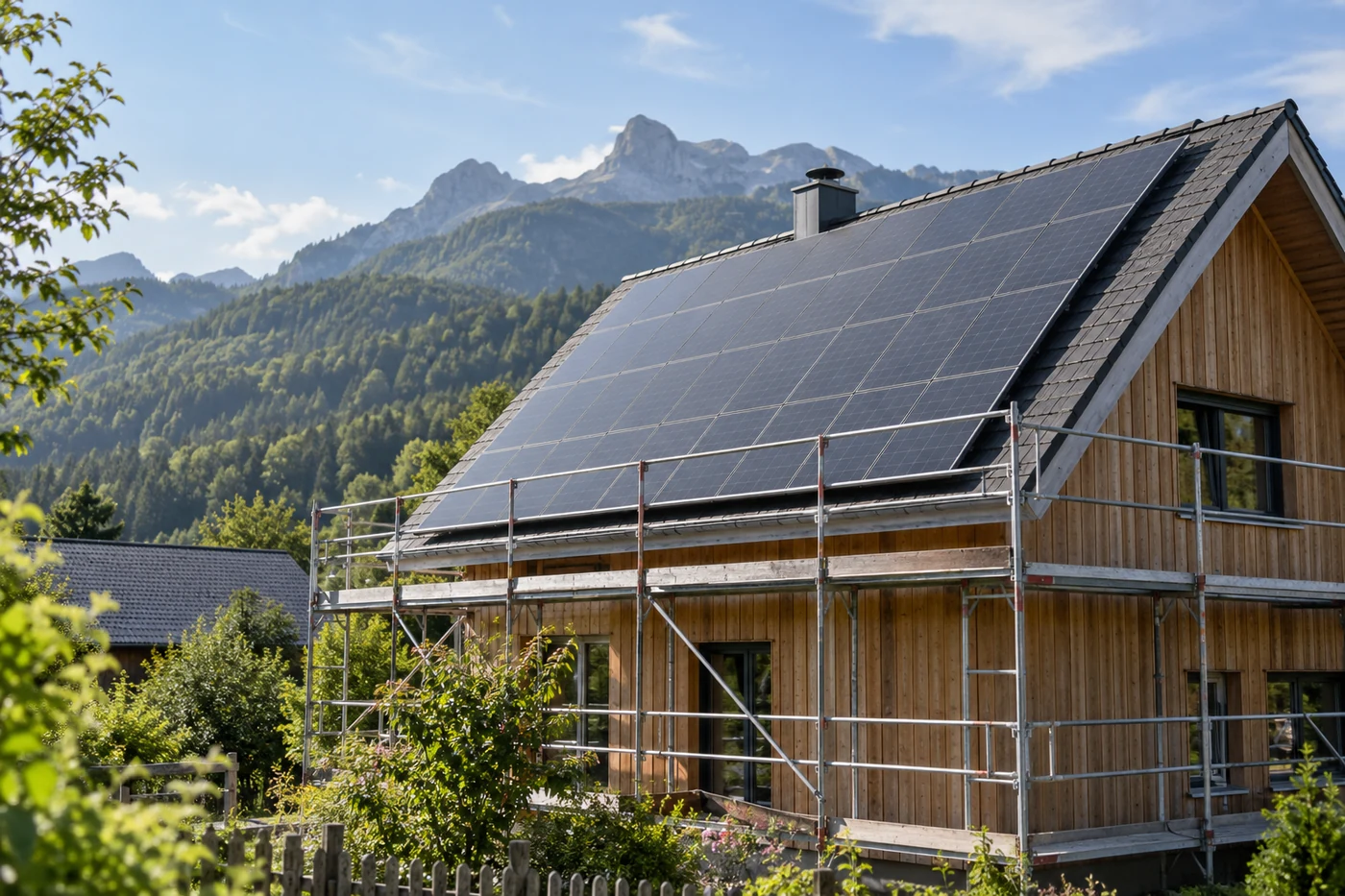 Gerüst vor einem Haus mit Solardach