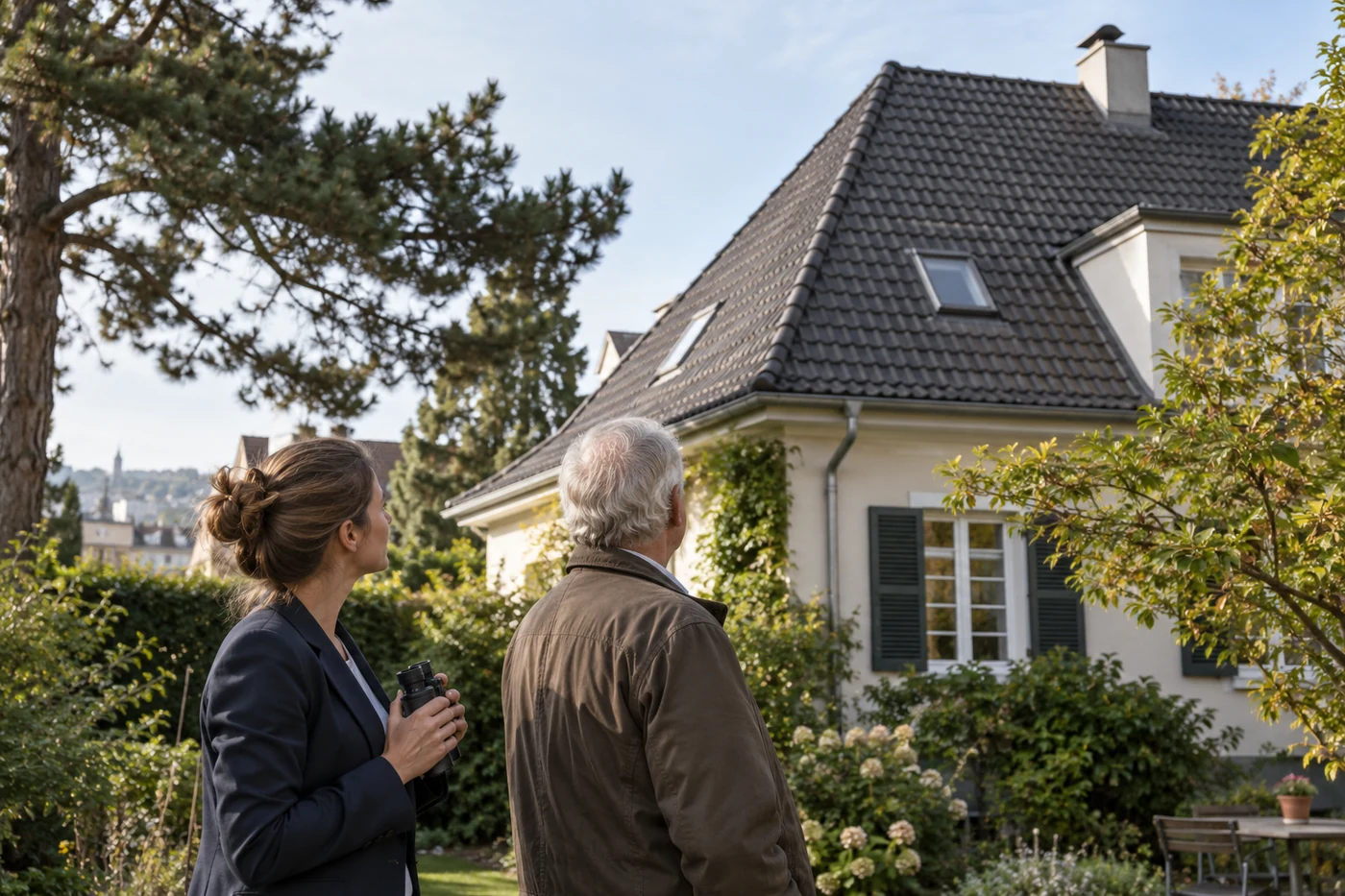 Zwei Personen betrachten ein Hausdach vom Garten aus