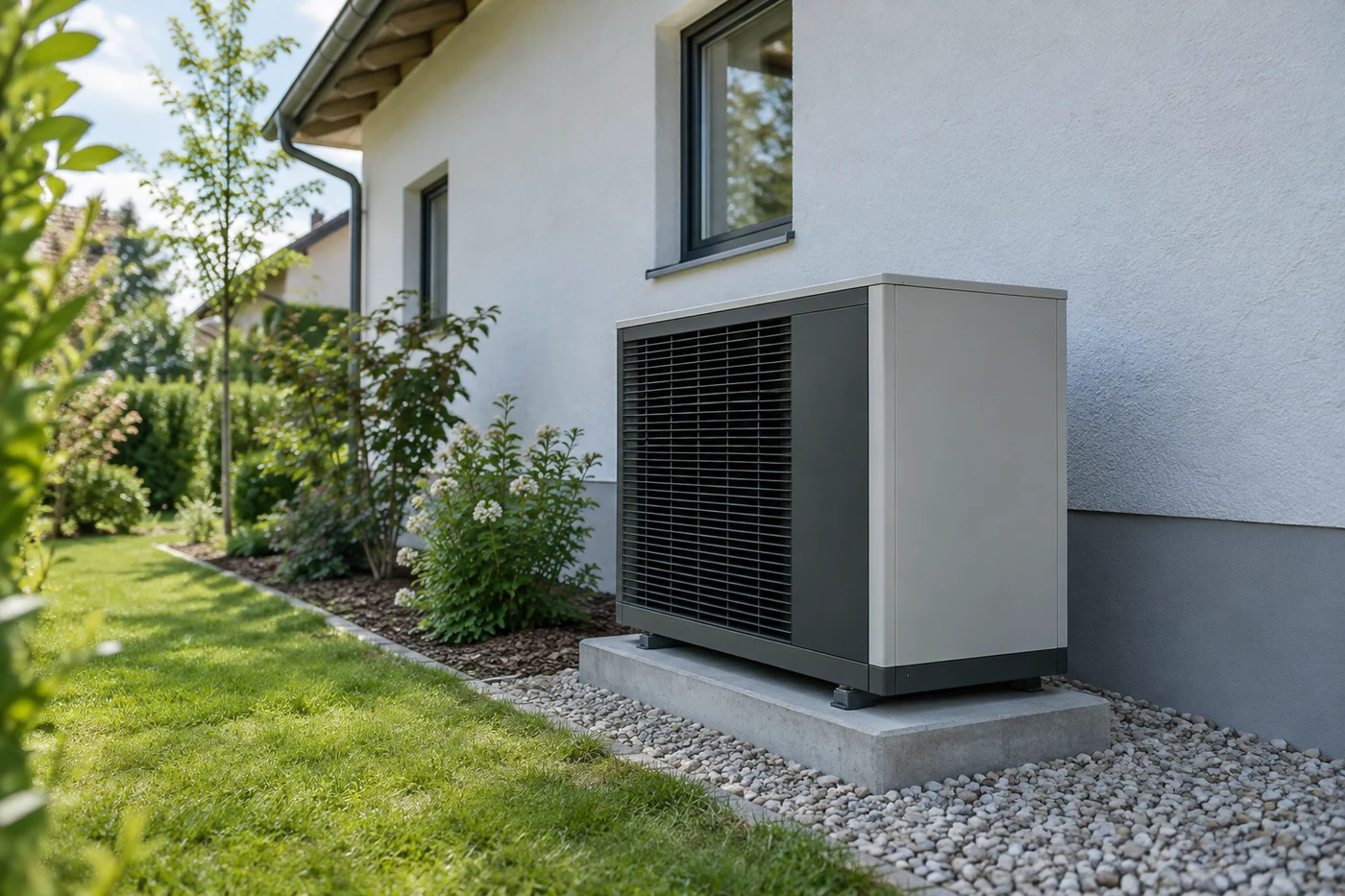 Wärmepumpe an einer Hauswand mit freier Aufstellfläche