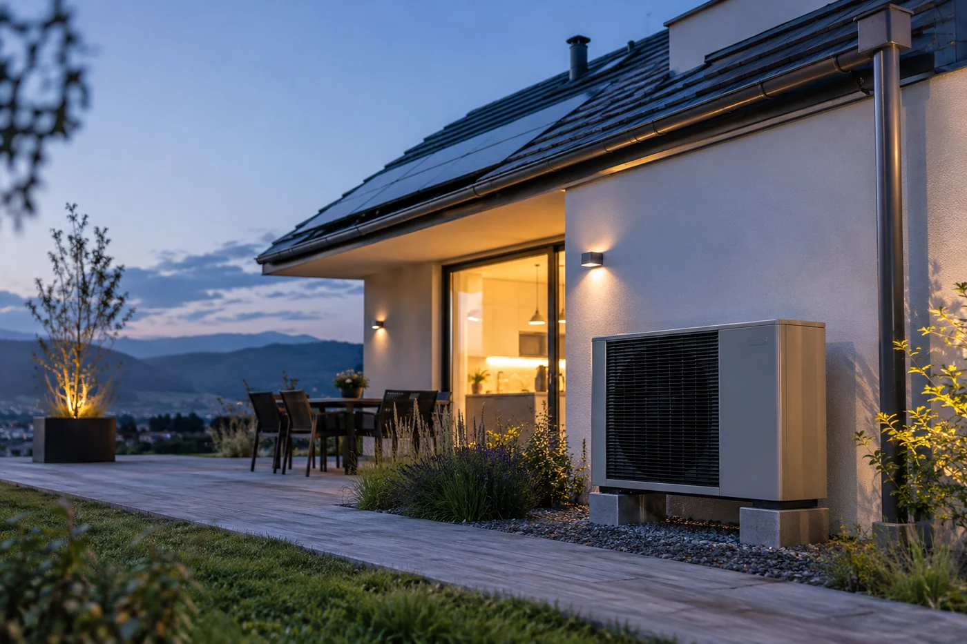 Wärmepumpe vor einem Haus mit Solardach am Abend