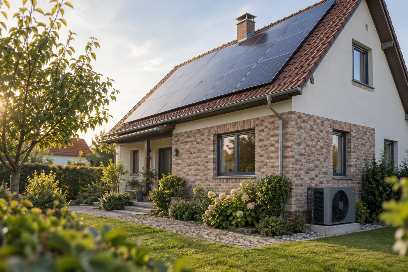 Wärmepumpe vor einem älteren Haus mit Solarmodulen