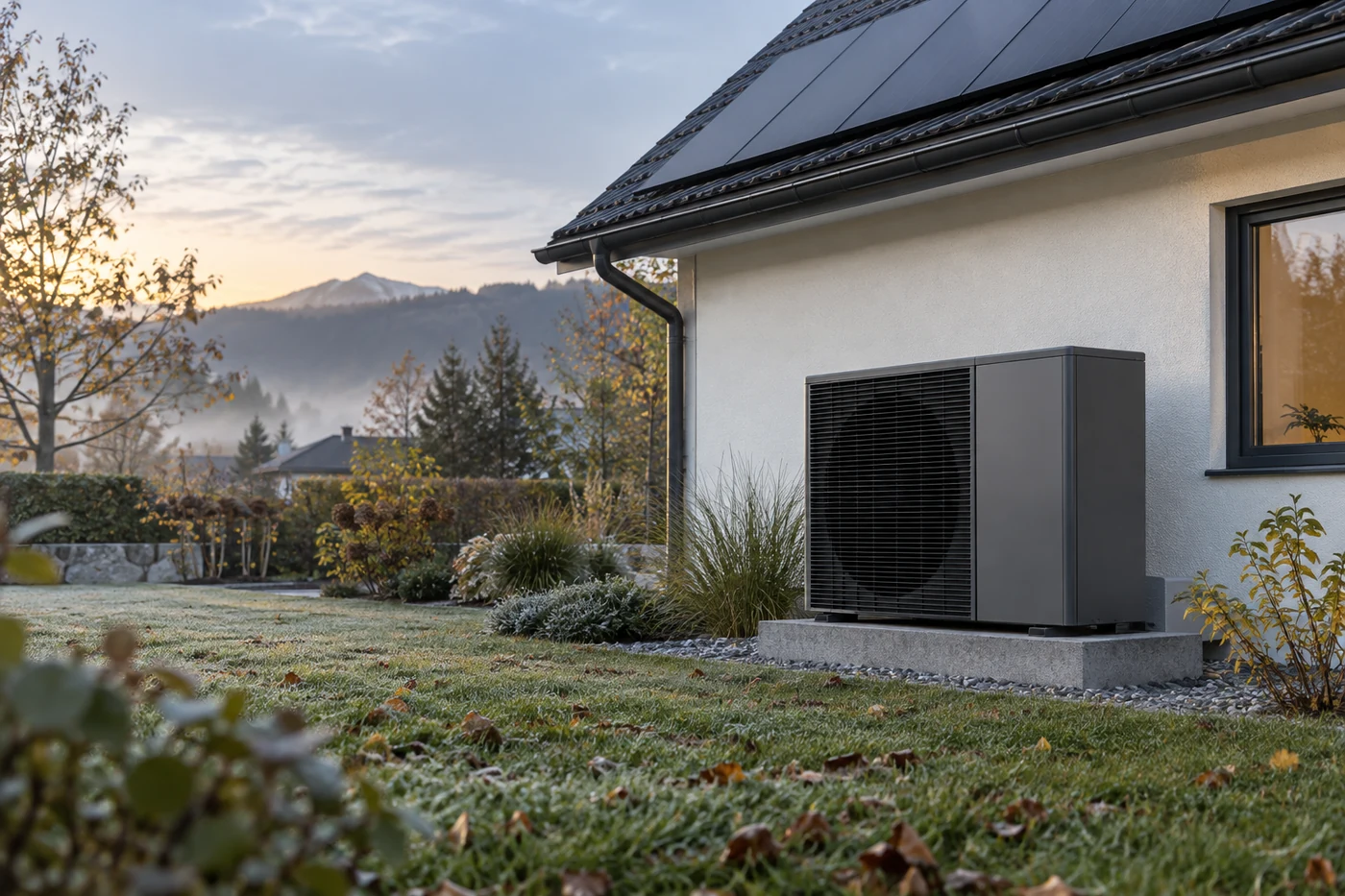 Geschlossene Wärmepumpe vor einem Haus mit Solarmodulen im kühlen Morgenlicht.
