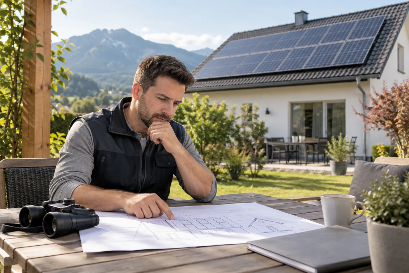 Fachkraft betrachtet einen Dachplan im Garten eines Hauses