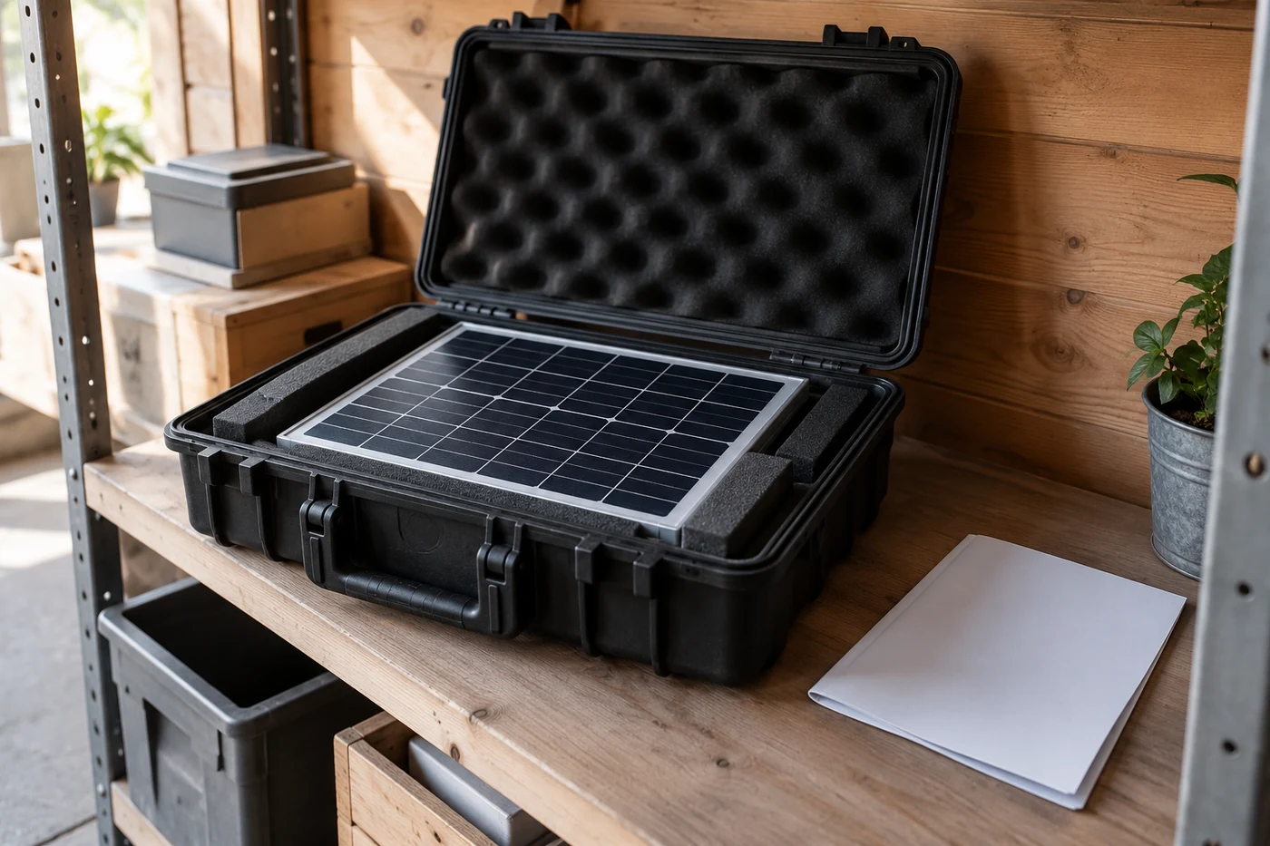 Neutrales Solarmodulmuster in einem geöffneten Transportkoffer