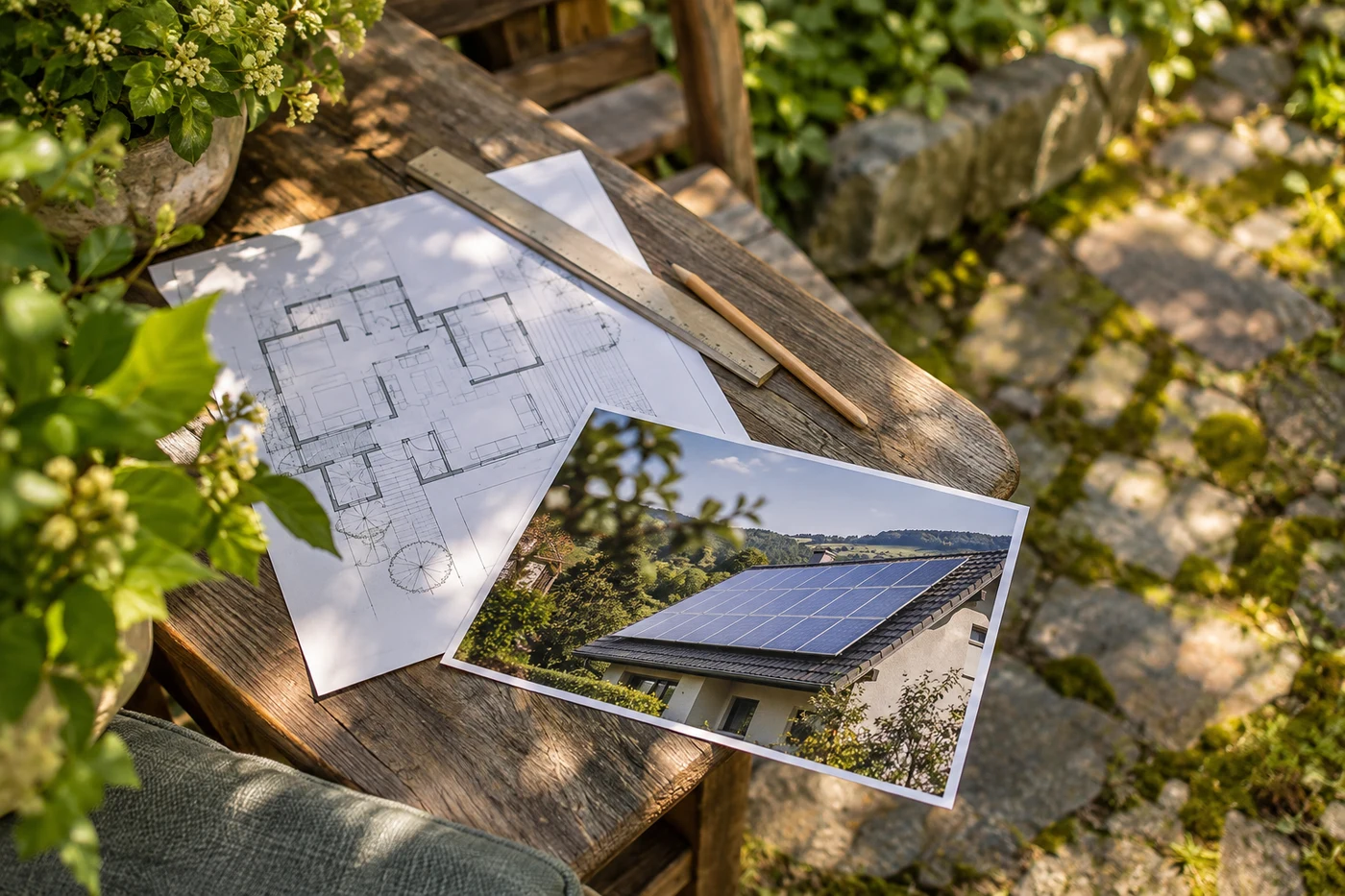 Hausplan und Dachfoto auf einer Gartenbank