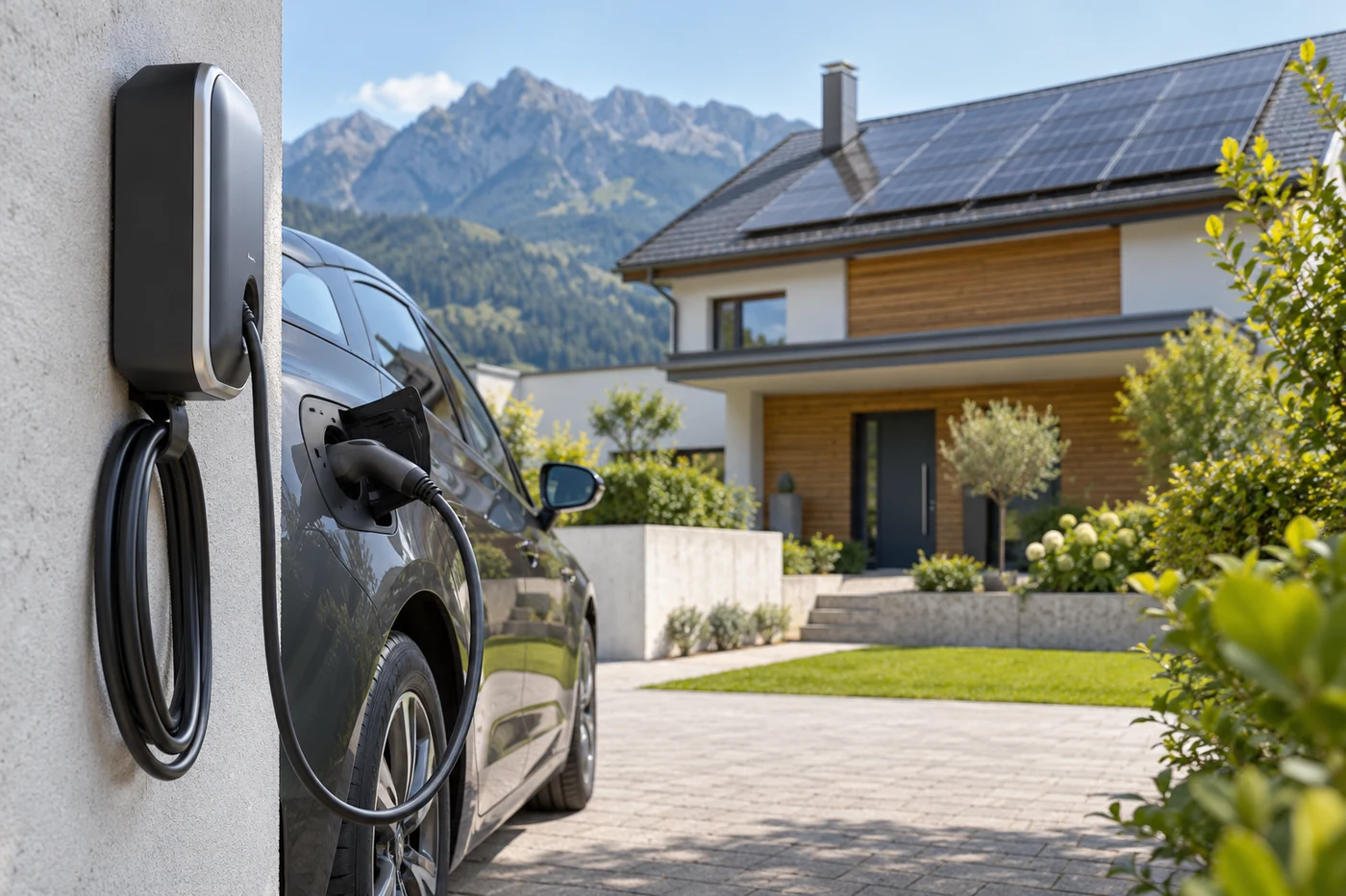Wallbox und angeschlossenes Elektroauto vor einem Solardach