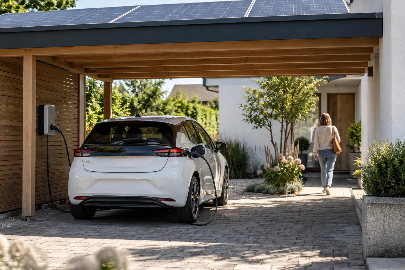 Elektroauto lädt an einer Wallbox vor einem Photovoltaikhaus