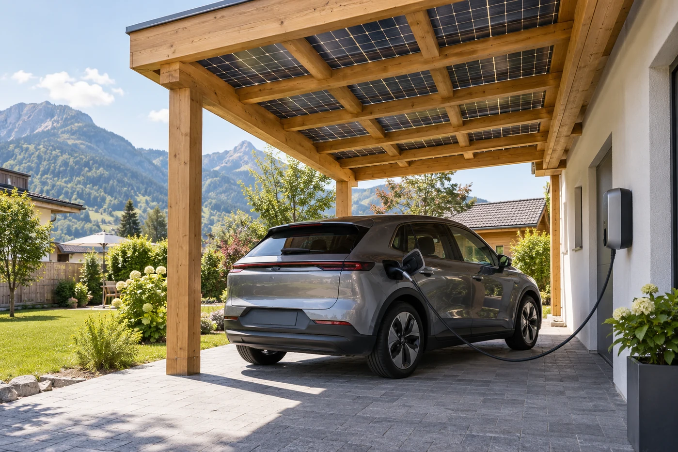 Elektroauto an einer Wallbox unter einem Carport mit Photovoltaikdach