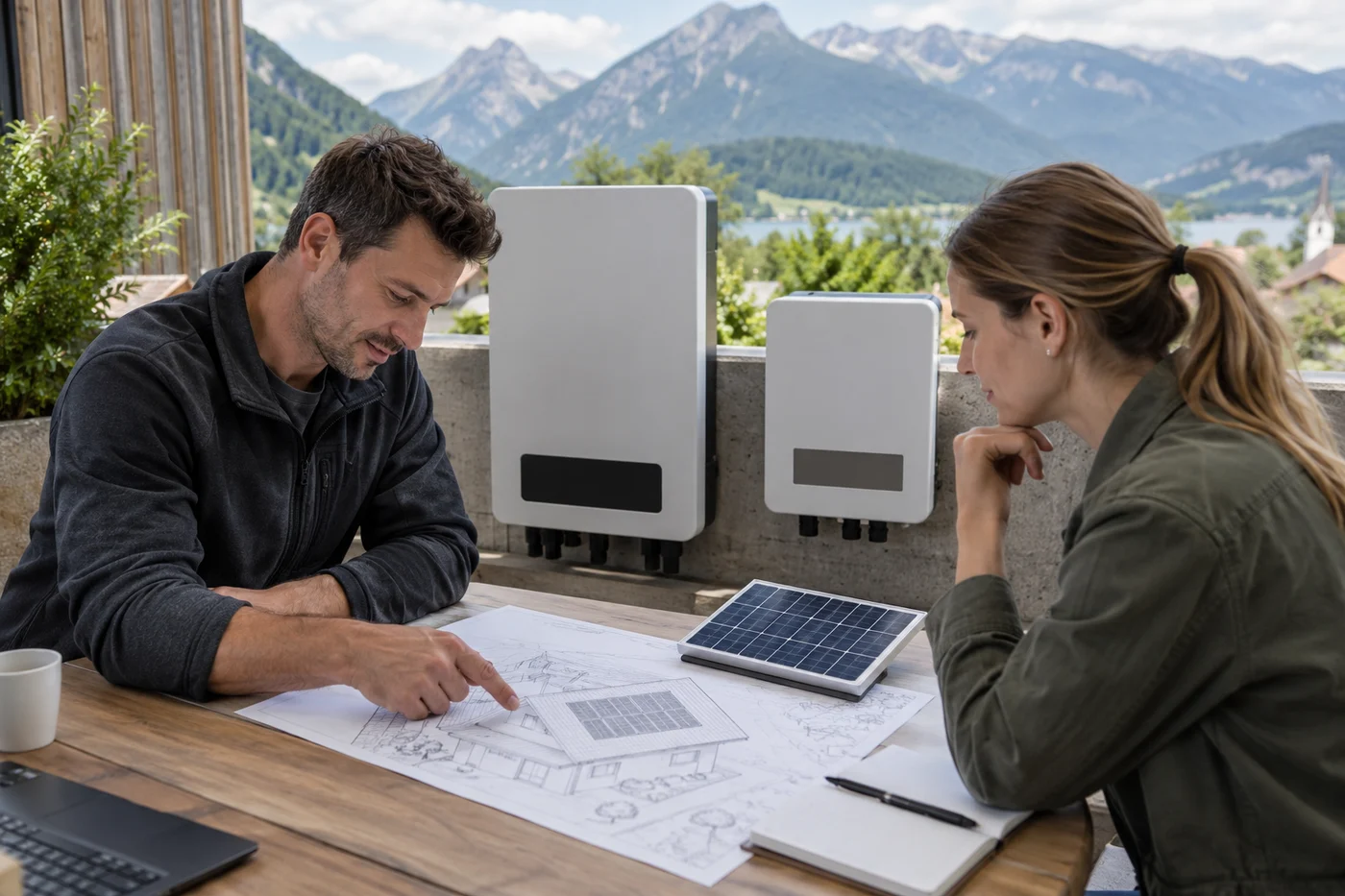Dachplan, Solarmodul-Muster und zwei unterschiedlich große neutrale Wechselrichter in einer Planungswerkstatt