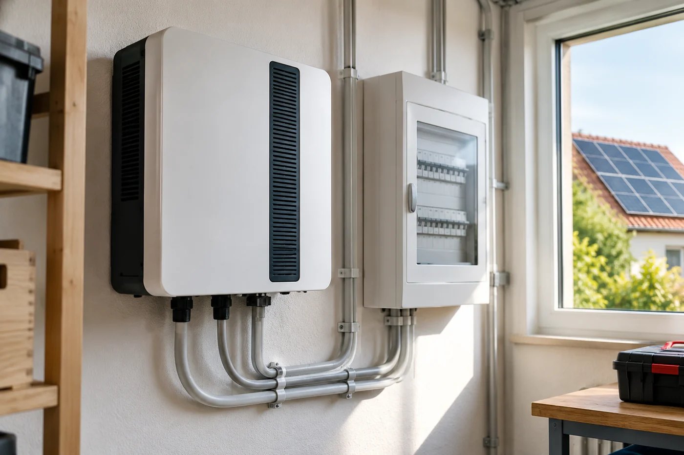 Solarwechselrichter mit ordentlich geführten Anschlussleitungen