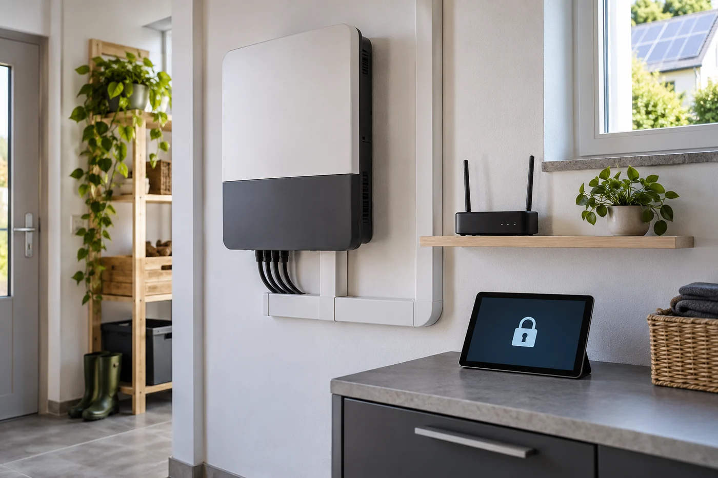 Geschlossener Wechselrichter, Router und Tablet in einem aufgeräumten Haustechnikraum