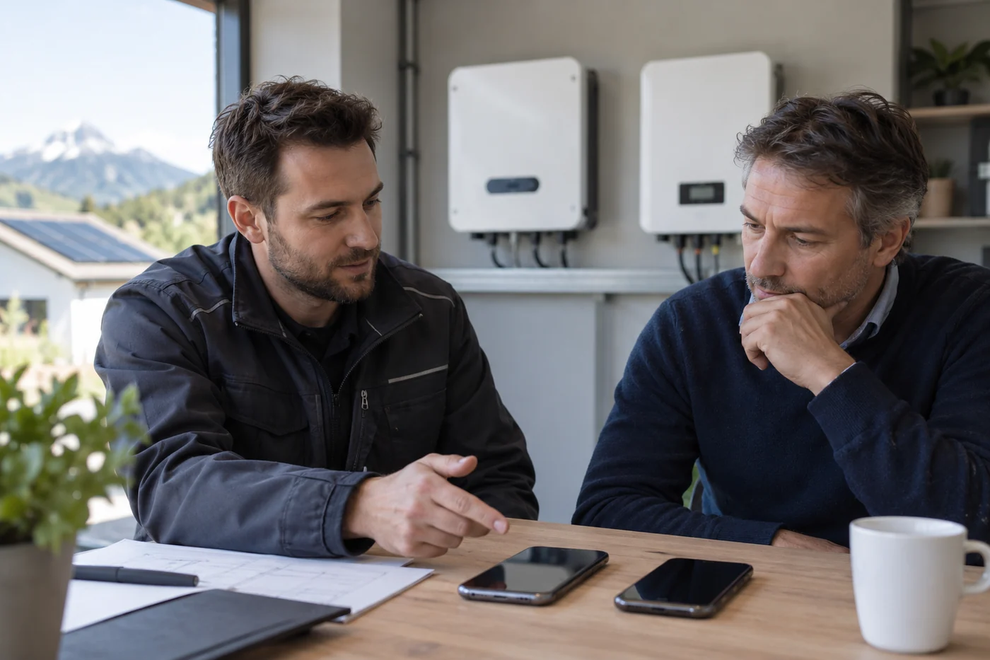 Zwei Smartphones vor einer Wechselrichterwand