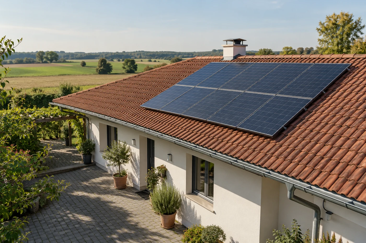 Wohnhaus mit Solarmodulen und einem gepflasterten Innenhof