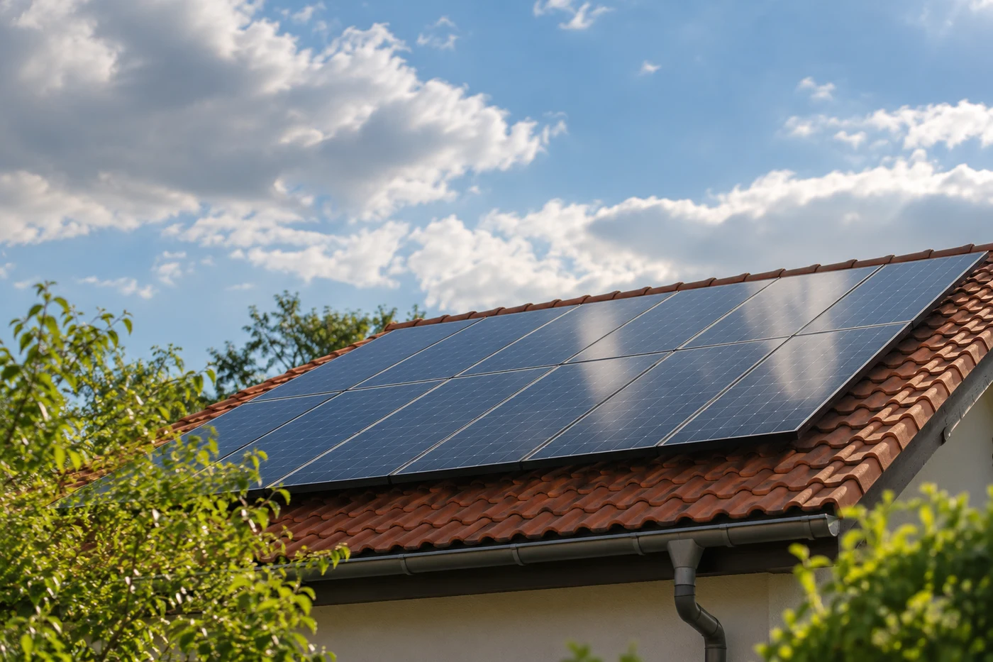 Solarmodule auf einem Dach unter leicht bewölktem Himmel