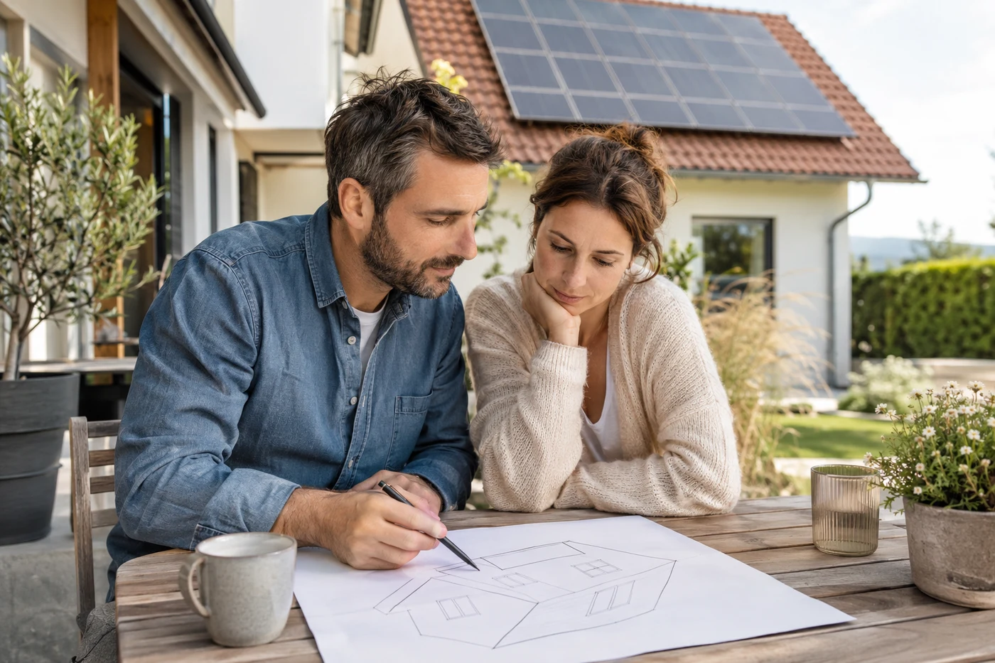 Zwei Erwachsene besprechen eine Dachskizze im Hof vor einem Haus mit Solarmodulen