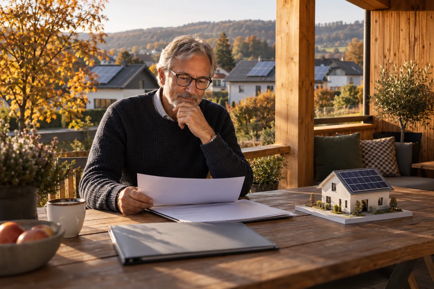 Hausbesitzer mit Projektmappe auf einer Loggia
