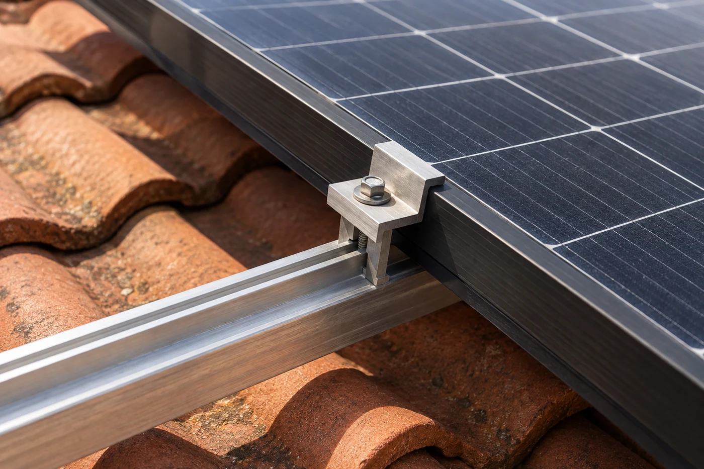 Montageklemme und Schiene am Rand eines Solarmoduls