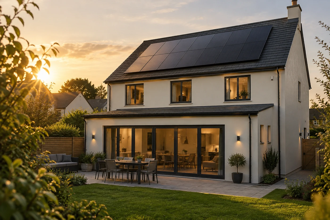 Haus mit Solardach im warmen Abendlicht