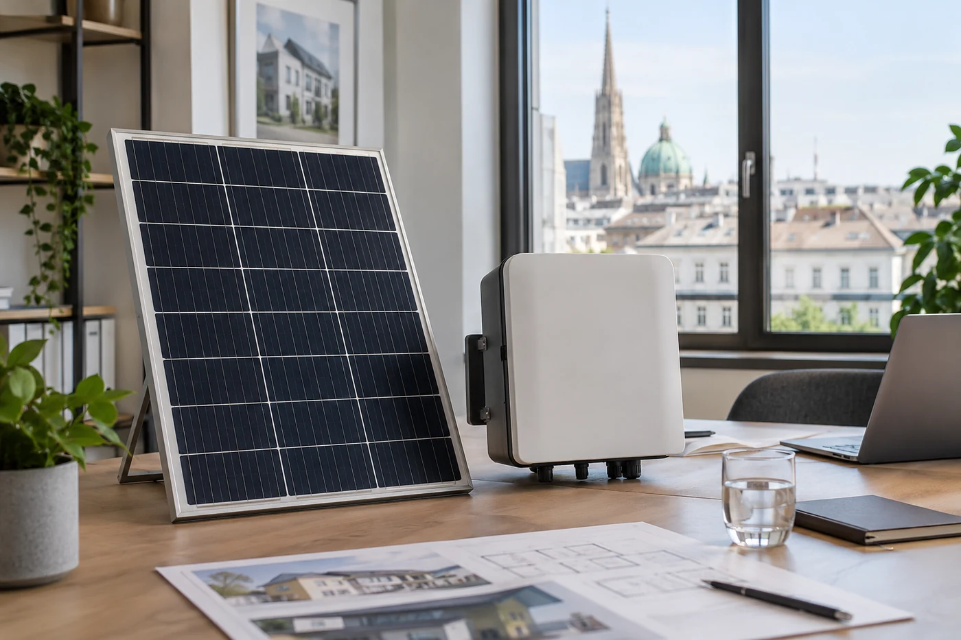 Solarmodulmuster und geschlossener Wechselrichter auf einem Tisch