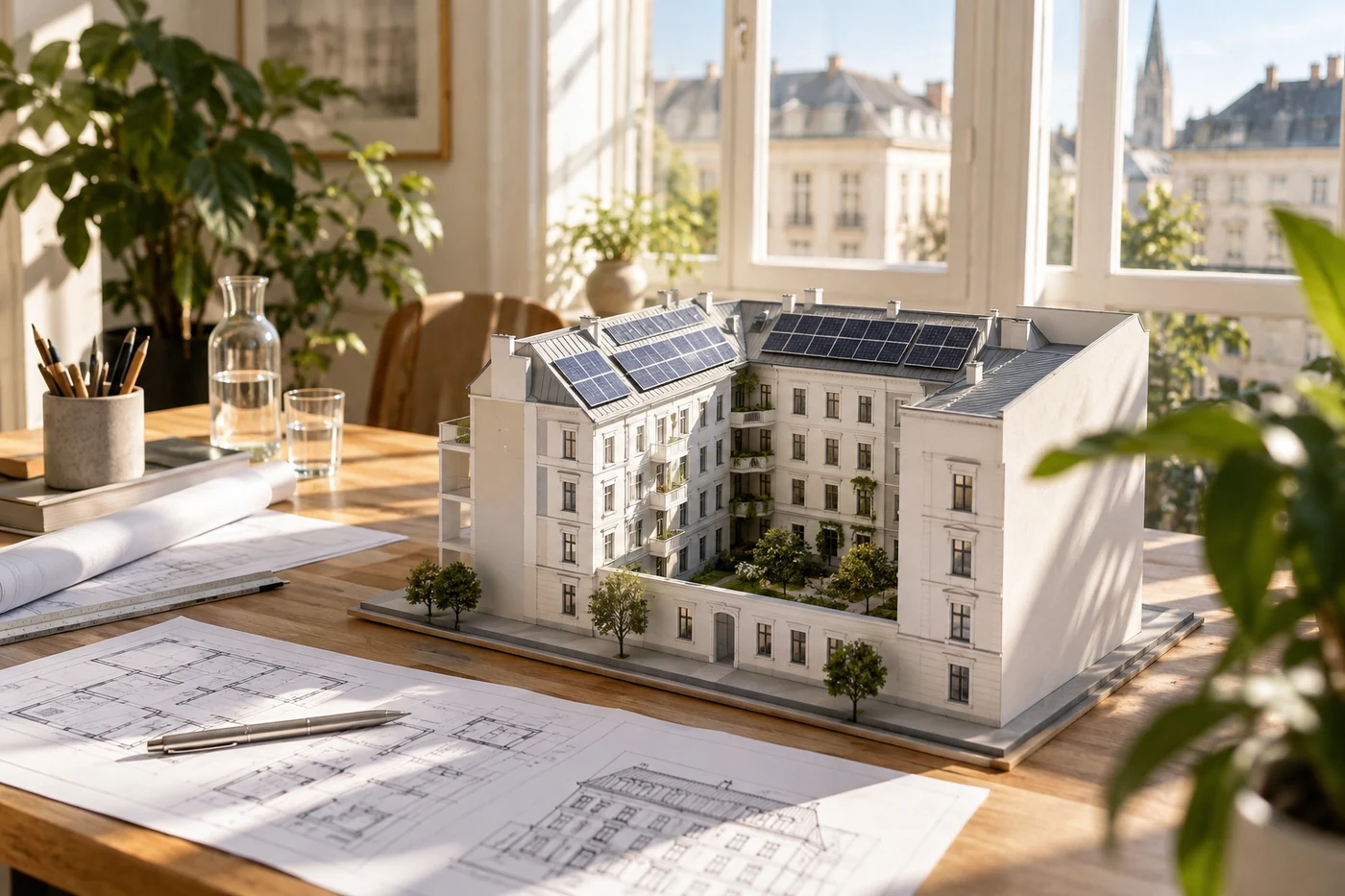 Stadthausmodell mit Solarmodulen auf einem Tisch