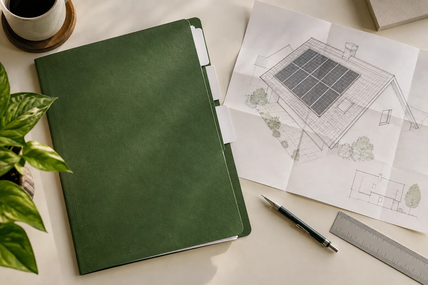 Grüne Dokumentmappe, Lineal und gefalteter Dachplan auf einem Tisch