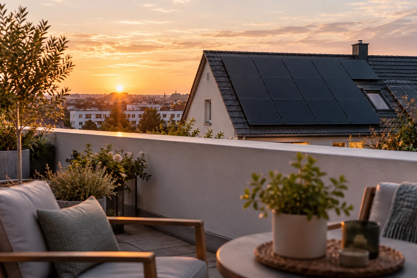 Solarmodule hinter der Brüstung einer Dachterrasse mit Pflanzkübeln.