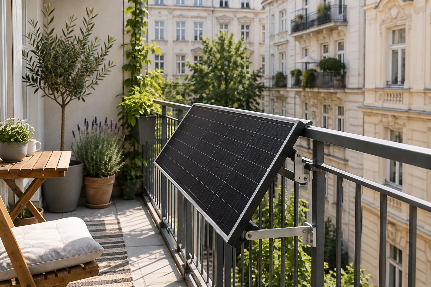 Solarmodul mit Metallhalterung an einem Stadtbalkon