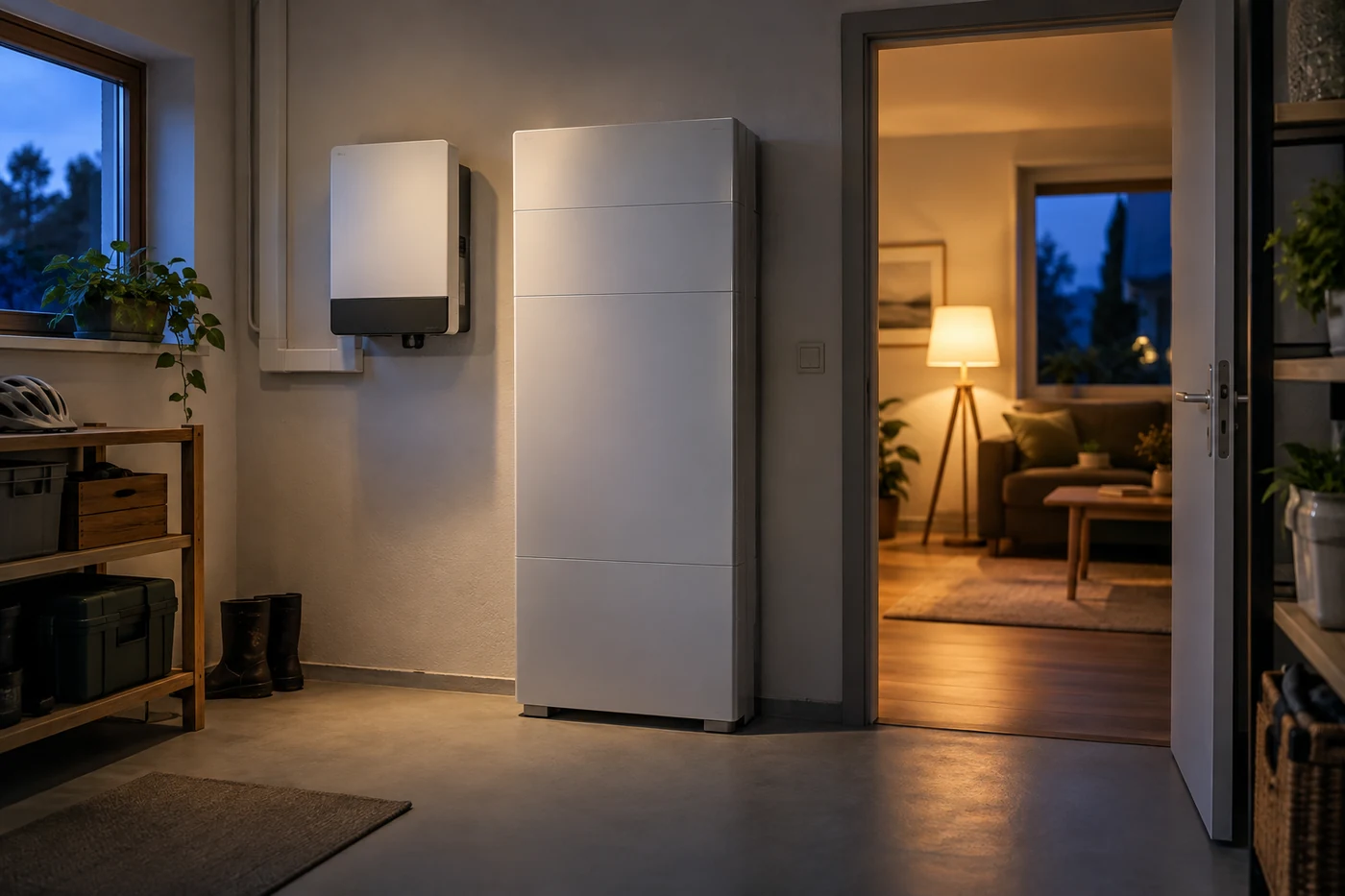 Batteriespeicher im Hauswirtschaftsraum mit beleuchtetem Wohnbereich dahinter