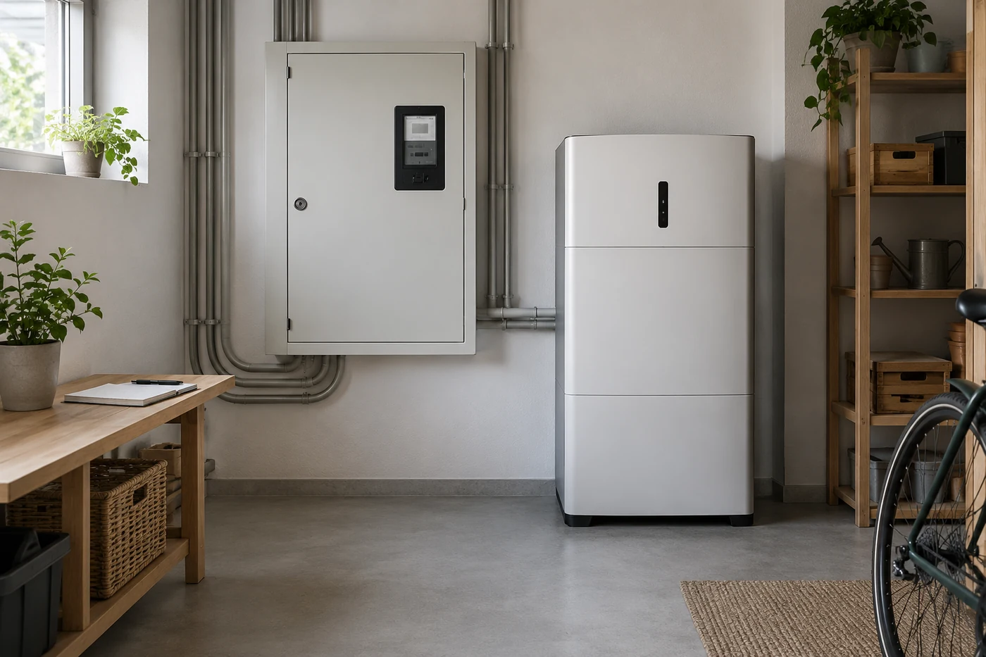 Geschlossener Zählerschrank und Batteriespeicher im Hauswirtschaftsraum