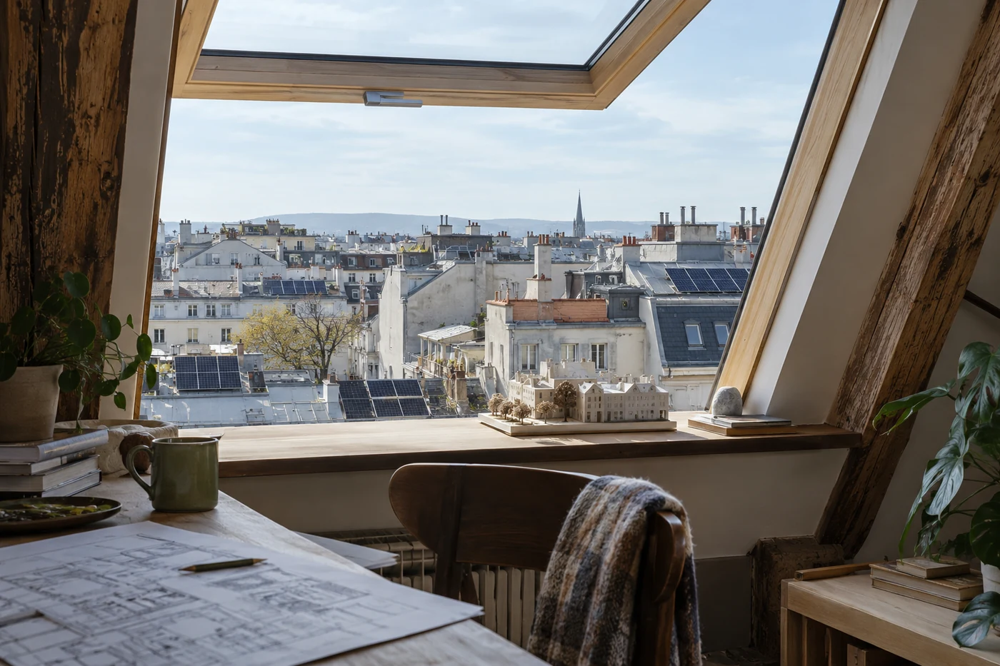 Dachunterlagen am Fenster vor städtischen Wohnhäusern