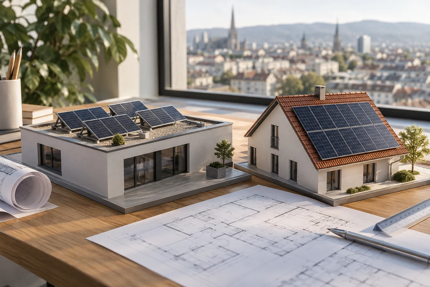 Flachdachmodell und Schrägdachmodell mit Solarmodulen